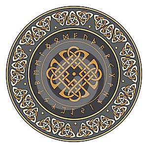 Celtic shield, decorated with a ancient European pattern and scandinavian runes