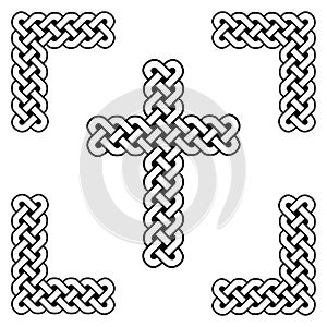 Celtic style endless curved knot cross symbols in white and black in knotted frame inspired by Irish St Patrick`s Day, and Iris