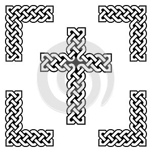 Celtic style endless knot cross symbols in white and black, with black filling between knots, in knotted frame