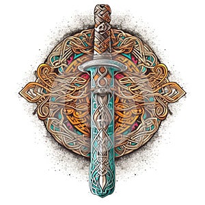 Celtic-style tribal cross and sword created with generative AI technology