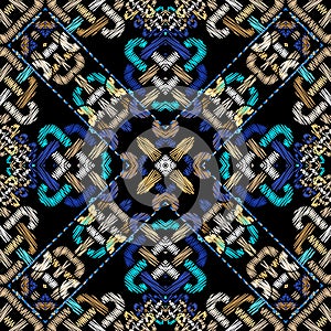 Celtic textured seamless pattern. Colorful tapestry background. Repeat grunge backdrop. Intricate ornaments. Embroidered ornate