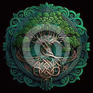 Celtic Tree of Life and Death Symbol in Vivid Emerald Colors, generative ai