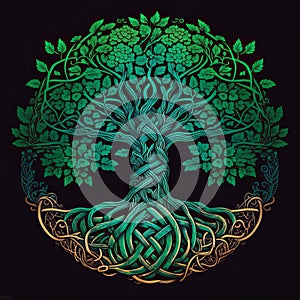 Celtic Tree of Life and Death Symbol in Vivid Emerald Colors, generative ai