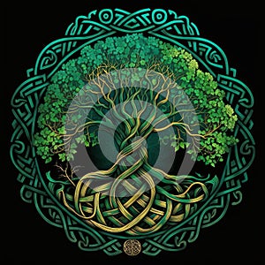 Celtic Tree of Life and Death Symbol in Vivid Emerald Colors, generative ai