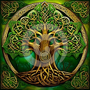 Celtic tree of life in green and gold colors with an ornament frame