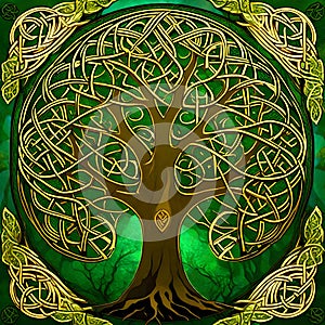 Celtic tree of life in green and gold colors with an ornament frame