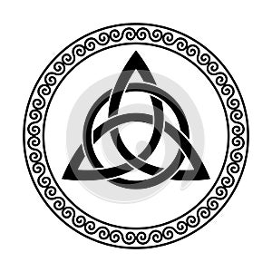 Triquetra with circle, triangular Celtic knot in circular spiral frame photo