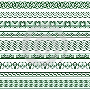 Celtic vector seamless border pattern collection in green, Irish braided frame designs for greeting cards, St Patrick`s Day celebr