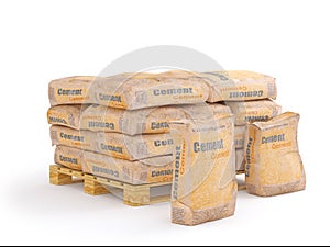 Cement in bags on pallet, 3D rendering photo