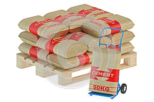 Cement bags on pallet with hand truck