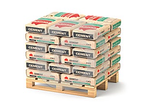 Cement bags stack on pallet isolated on white