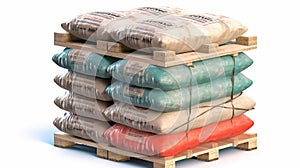 Cement bags stack on pallet isolated on white. generative ai