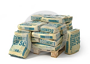 Cement bags stack on wooden pallet.
