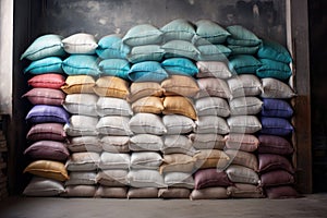 cement bags stacked up in a warehouse