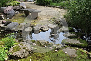 A cement bench at the end of a trail leading to a small pond and streambed surrounds by moss covered rocks