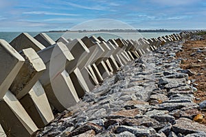 Cement block breakwaters of coastal roads, highway seawalls