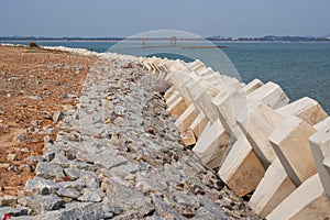 Cement block breakwaters of coastal roads, highway seawalls