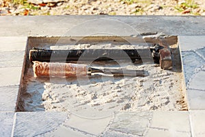 Cement concret texture unsmooth with chisel and broom hammer