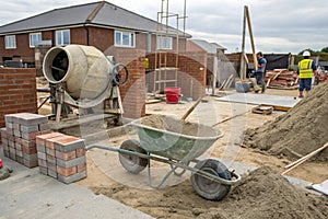 Cement mixer and tools at construction site