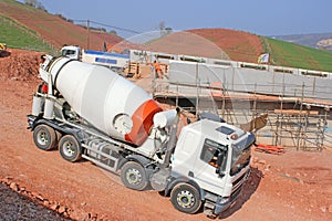 Cement mixer on a road construction site