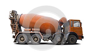 Cement mixer truck side view  on white