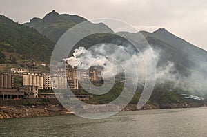 Cement plant and bridge along Yangtze in Xinling region, Badong, China