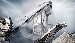 Cement production factory on mining quarry. Conveyor belt