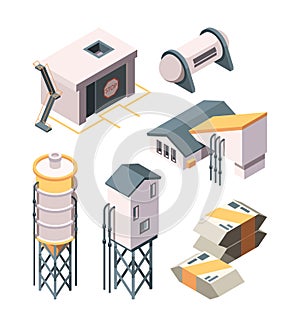 Cement production. Heavy industry concrete transport mixer and tanks vector isometric collection