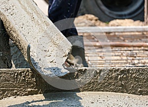 cement truck machinery mixer on pile steel prepare for building structure house