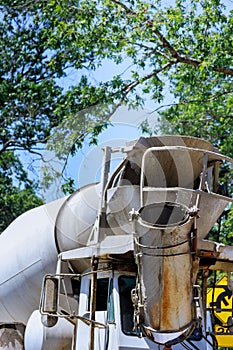 Cement truck mixer pouring cement