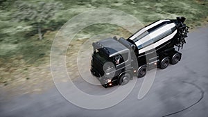 Cement truck very fast driving on highway. Building concept. Realistic 4k animation.