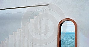 Cement wall and Step Stair with Wooden Window Frame, Architecture Loft Building Grey Concrete Wall Background with Tuscany Arches