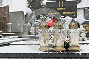 Cemetery covered by snow in winter. Slovakia