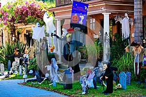 Cemetery, death and ghosts. Halloween scenery. Terrible holiday at home. Halloween in the USA. Traditions and house