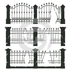 Cemetery fence silhouettes. Halloween creepy haunted cemetery gates, horror halloween decorations flat vector illustration set