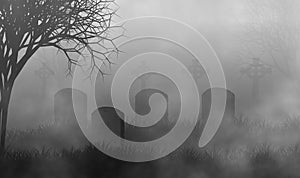 Cemetery with fog and creepy trees design background