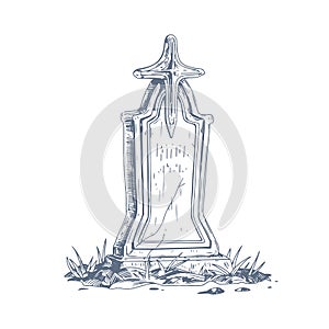 Cemetery gravestone with stone cross. Sketch of old medieval religious tombstone in vintage style. Ancient funeral art