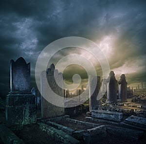 Cemetery, graveyard with tombstones at night