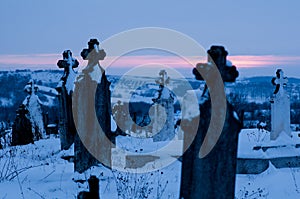 Cemetery, Graveyard with Tombstones Winter at Dawn photo