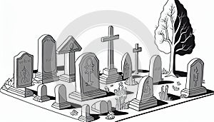 Cemetery landscape at night, tombstone with RIP inscription, cartoon. Gravestones with cross, angel figure, ossuary or