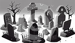 Cemetery landscape at night, tombstone with RIP inscription, cartoon. Gravestones with cross, angel figure, ossuary or