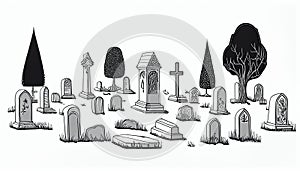 Cemetery landscape at night, tombstone with RIP inscription, cartoon. Gravestones with cross, angel figure, ossuary or