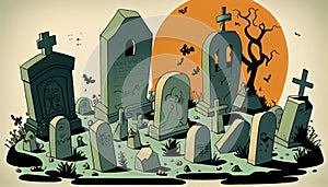 Cemetery landscape at night, tombstone with RIP inscription, cartoon. Gravestones with cross, angel figure, ossuary or