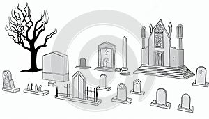 Cemetery landscape at night, tombstone with RIP inscription, cartoon. Gravestones with cross, angel figure, ossuary or