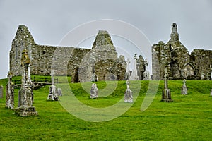 The cemetery in the medieval monastery of Clonmacnoise, Ireland, during a rainy summer day
