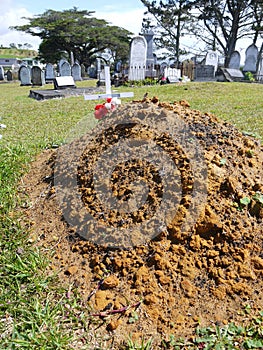 Cemetery: new grave and old headstones