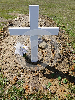 Cemetery: new grave with white cross