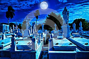 Cemetery at night with