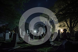 cemetery at night, with moonlight shining on the headstones