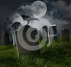 Cemetery with old gravestones and moon